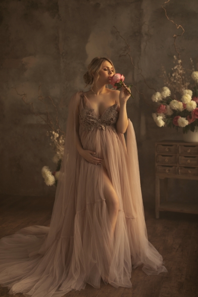WISTERIA in CAPPUCCINO maternity gown for photoshoot