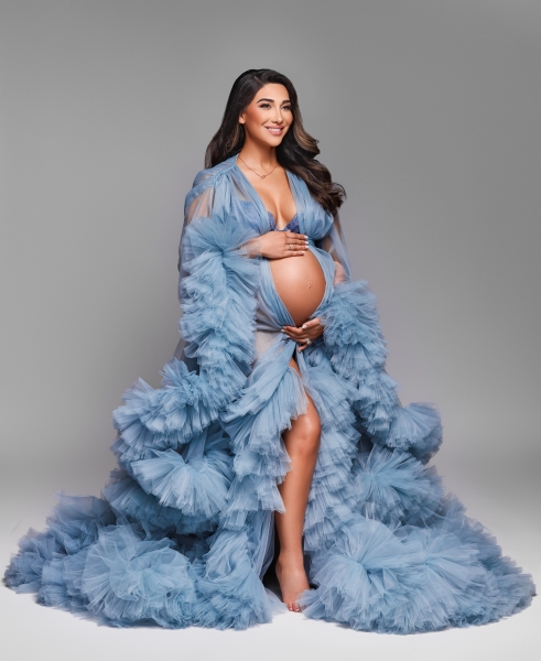 JADORE in BLUE maternity robe for photoshoot